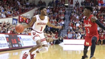 BLOOMINGTON, INDIANA - DECEMBER 13: Aljami Durham #1 of the Indiana Hoosiers dribbles the ball against the Nebraska Cornhuskers at Assembly Hall on December 13, 2019 in Bloomington, Indiana. (Photo by Andy Lyons/Getty Images)