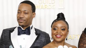 LOS ANGELES, CALIFORNIA - FEBRUARY 26: (L-R) Tyler James Williams and Quinta Brunson, recipients of the Ensemble in a Comedy Series award for "Abbott Elementary," pose in the press room during the 29th Annual Screen Actors Guild Awards at Fairmont Century Plaza on February 26, 2023 in Los Angeles, California. (Photo by Frazer Harrison/Getty Images)