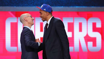 Jun 23, 2016; New York, NY, USA; Brice Johnson (North Carolina) greets NBA commissioner Adam Silver after being selected as the number twenty-five overall pick to the Los Angeles Clippers in the first round of the 2016 NBA Draft at Barclays Center. Mandatory Credit: Brad Penner-USA TODAY Sports