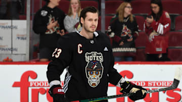 GLENDALE, ARIZONA - OCTOBER 17: Oliver Ekman-Larsson #23 of the Arizona Coyotes wears a special warm up jersey celebrating Hispanic Heritage Month prior to a game against the Nashville Predators at Gila River Arena on October 17, 2019 in Glendale, Arizona. (Photo by Norm Hall/NHLI via Getty Images)