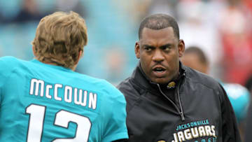 JACKSONVILLE, FL - DECEMBER 11: Head coach Mel Tucker shakes hands with Luke McCown #12 of the Jacksonville Jaguars prior to the game against the Tampa Bay Buccaneers at EverBank Field on December 11, 2011 in Jacksonville, Florida. (Photo by Sam Greenwood/Getty Images)