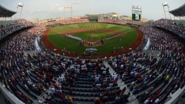 Jun 25, 2013; Omaha, NE, USA; General view of TD Ameritrade Park during the national anthem before game 2 of the College World Series finals between the UCLA Bruins and the Mississippi State Bulldogs. Mandatory Credit: Kyle Terada-USA TODAY Sports