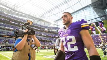 Aug 28, 2016; Minneapolis, MN, USA; Minnesota Vikings safety Harrison Smith (22) looks on after a preseason game against the San Diego Chargers at U.S. Bank Stadium. The Vikings defeated the Chargers 23-10. Mandatory Credit: Brace Hemmelgarn-USA TODAY Sports