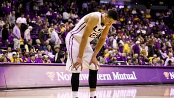 Feb 17, 2016; Baton Rouge, LA, USA; LSU Tigers forward Ben Simmons (25) reacts late during the second half of a game against the Alabama Crimson Tide at the Pete Maravich Assembly Center. Alabama defeated LSU 76-69. Mandatory Credit: Derick E. Hingle-USA TODAY Sports