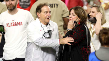 Head coach Nick Saban of the Alabama Crimson Tide and wife Terry Saban. (Photo by Jamie Schwaberow/Getty Images)