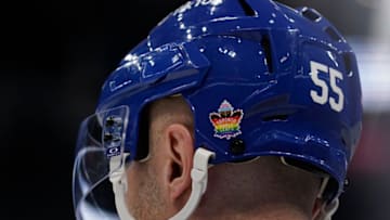Apr 4, 2023; Toronto, Ontario, CAN; A Toronto Maple Leafs logo to commemorate Pride Night on the back of the helmet of Toronto Maple Leafs defenseman Mark Giordano (55) during a game against the Columbus Blue Jackets at Scotiabank Arena. Mandatory Credit: John E. Sokolowski-USA TODAY Sports
