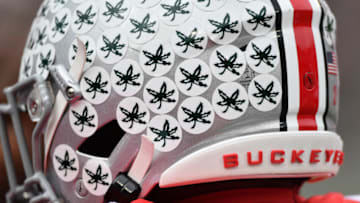 COLUMBUS, OH - NOVEMBER 9: A general view of an Ohio State Buckeyes football helmet with buckeye leaf stickers before a game against the Maryland Terrapins at Ohio Stadium on November 9, 2019 in Columbus, Ohio. (Photo by Jamie Sabau/Getty Images) *** Local Caption ***