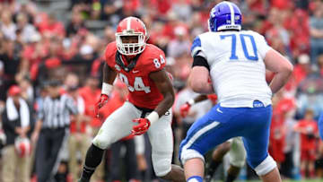 Nov 7, 2015; Athens, GA, USA; Georgia Bulldogs linebacker Leonard Floyd (84) works against Kentucky Wildcats offensive tackle Jordan Swindle (70) during the first half at Sanford Stadium. Georgia defeated Kentucky 27-3. Mandatory Credit: Dale Zanine-USA TODAY Sports