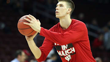 Mar 25, 2016; Philadelphia, PA, USA; Wisconsin Badgers forward Ethan Happ (22) warms up prior to playing the Notre Dame Fighting Irish in a semifinal game in the East regional of the NCAA Tournament at Wells Fargo Center. Mandatory Credit: Bill Streicher-USA TODAY Sports