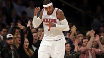 Dec 16, 2015; New York, NY, USA; New York Knicks forward Carmelo Anthony (7) reacts against the Minnesota Timberwolves during the first half of an NBA basketball game at Madison Square Garden. Mandatory Credit: Adam Hunger-USA TODAY Sports