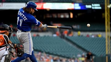 BALTIMORE, MD - AUGUST 03: Bo Bichette #11 of the Toronto Blue Jays hits a double during the first inning against the Baltimore Orioles at Oriole Park at Camden Yards on August 3, 2019 in Baltimore, Maryland. (Photo by Will Newton/Getty Images)