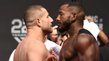 LAS VEGAS, NV - JULY 06: (L-R) Opponents Gokhan Saki of Netherlands and Khalil Rountree Jr. face off during the UFC 226 weigh-in inside T-Mobile Arena on July 6, 2018 in Las Vegas, Nevada. (Photo by Josh Hedges/Zuffa LLC/Zuffa LLC via Getty Images)