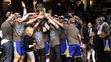 Jun 16, 2015; Cleveland, OH, USA; The Golden State Warriors celebrate with the Larry O