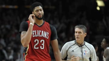 Nov 25, 2016; Portland, OR, USA; New Orleans Pelicans forward Anthony Davis (23) reacts to a call by referee Scott Foster (48) during the fourth quarter at Moda Center at the Rose Quarter. The Blazers won 119-104. Mandatory Credit: Steve Dykes-USA TODAY Sports