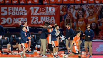 Jan 29, 2021; Champaign, Illinois, USA; The Illinois Fighting Illini celebrate their victory over the Iowa Hawkeyes at the State Farm Center. Mandatory Credit: Patrick Gorski-USA TODAY Sports