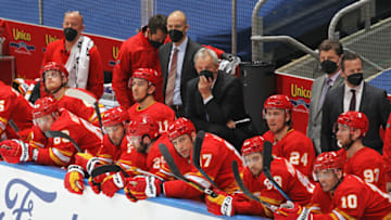 TORONTO, ON - MARCH 19: Head coach Darryl Sutter of the Calgary Flames watches the action against the Toronto Maple Leafs during an NHL game at Scotiabank Arena on March 19, 2021 in Toronto, Ontario, Canada. The Flames defeated the Maple Leafs 4-3. (Photo by Claus Andersen/Getty Images)