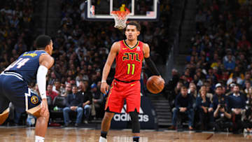 DENVER, CO - NOVEMBER 12: Trae Young #11 of the Atlanta Hawks handles the ball during a game against the Denver Nuggets on November 12, 2019 at the Pepsi Center in Denver, Colorado. NOTE TO USER: User expressly acknowledges and agrees that, by downloading and/or using this Photograph, user is consenting to the terms and conditions of the Getty Images License Agreement. Mandatory Copyright Notice: Copyright 2019 NBAE (Photo by Garrett Ellwood/NBAE via Getty Images)