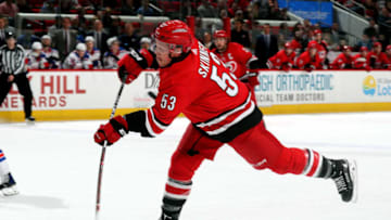 RALEIGH, NC - MARCH 31: Jeff Skinner #53 of the Carolina Hurricanes fires a shot in the waning minutes of the third period of an NHL game against the New York Rangers on March 31, 2018 at PNC Arena in Raleigh, North Carolina. (Photo by Gregg Forwerck/NHLI via Getty Images)