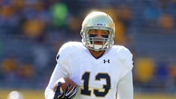 Nov 8, 2014; Tempe, AZ, USA; Notre Dame Fighting Irish tight end Tyler Luatua (13) against the Arizona State Sun Devils at Sun Devil Stadium. Arizona State defeated Notre Dame 55-31. Mandatory Credit: Mark J. Rebilas-USA TODAY Sports