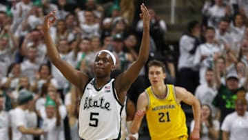 EAST LANSING, MICHIGAN - JANUARY 05: Cassius Winston #5 of the Michigan State Spartans reacts in the second half while playing the Michigan Wolverines at the Breslin Center on January 05, 2020 in East Lansing, Michigan. Michigan State won the game 87-69. (Photo by Gregory Shamus/Getty Images)