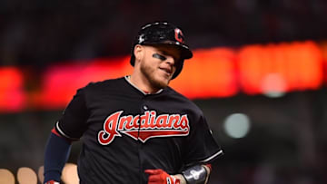 Oct 25, 2016; Cleveland, OH, USA; Cleveland Indians catcher Roberto Perez (55) rounds the bases after a three-run home run against the Chicago Cubs in the 8th inning in game one of the 2016 World Series at Progressive Field. Mandatory Credit: Ken Blaze-USA TODAY Sports