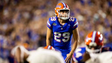 Sep 16, 2023; Gainesville, Florida, USA; Florida Gators place kicker Trey Smack (29) waits to kick a field goal during the second half against the Tennessee Volunteers at Ben Hill Griffin Stadium. Mandatory Credit: Matt Pendleton-USA TODAY Sports