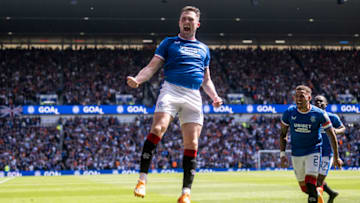 GLASGOW, SCOTLAND - MAY 13: John Souttar of Rangers celebrates after scoring (2-0) during Cinch Premiership match between Rangers and Celtic at Ibrox Stadium on May 13, 2023 in Glasgow, Scotland. (Photo by Richard Callis /Eurasia Sport Images/Getty Images)