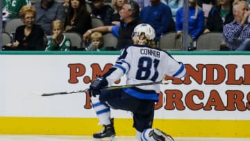 DALLAS, TX - OCTOBER 06: Winnipeg Jets left wing Kyle Connor (81) celebrates a goal during the game between the Dallas Stars and the Winnipeg Jets on October 6, 2018 at the American Airlines Center in Dallas, Texas. Dallas defeats Winnipeg 5-1. (Photo by Matthew Pearce/Icon Sportswire via Getty Images)