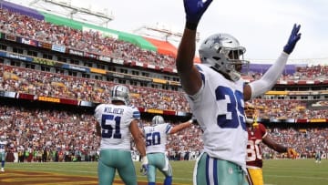 Sep 18, 2016; Landover, MD, USA; Dallas Cowboys cornerback Brandon Carr (39) celebrates after the Cowboys