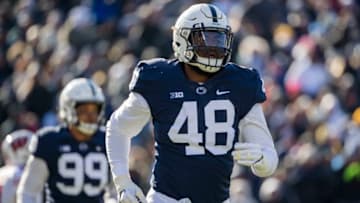 STATE COLLEGE, PA - NOVEMBER 10: Shareef Miller #48 of the Penn State Nittany Lions comes off the field after recording a sack against the Wisconsin Badgers during the first half at Beaver Stadium on November 10, 2018 in State College, Pennsylvania. (Photo by Scott Taetsch/Getty Images)