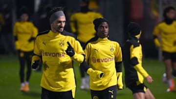 Youssoufa Moukoko Mats Hummels during training (Photo by INA FASSBENDER/AFP via Getty Images)