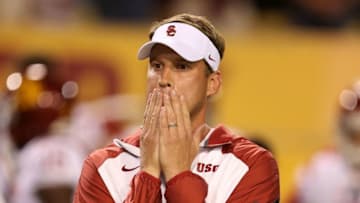 TEMPE, AZ - SEPTEMBER 28: Head coach Lane Kiffin of the USC Trojans reacts during the college football game against the Arizona State Sun Devils at Sun Devil Stadium on September 28, 2013 in Tempe, Arizona. (Photo by Christian Petersen/Getty Images)