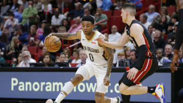 Nickeil Alexander-Walker #0 of the New Orleans Pelicans drives to the basket against Tyler Herro #14 of the Miami Heat. (Photo by Michael Reaves/Getty Images)