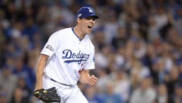 Oct 18, 2016; Los Angeles, CA, USA; Los Angeles Dodgers starting pitcher Rich Hill (44) reacts after a strike out during the sixth inning against the Chicago Cubs in game three of the 2016 NLCS playoff baseball series at Dodger Stadium. Mandatory Credit: Gary A. Vasquez-USA TODAY Sports