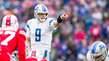 ORCHARD PARK, NY - DECEMBER 16: Matthew Stafford #9 of the Detroit Lions instructs teammates from the line during the second quarter against the Buffalo Bills at New Era Field on December 16, 2018 in Orchard Park, New York. (Photo by Brett Carlsen/Getty Images)