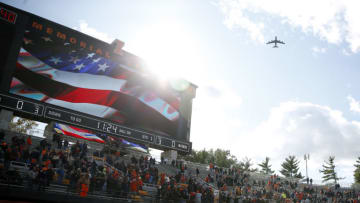 CHAMPAIGN, ILLINOIS - NOVEMBER 02: A military fly over before the game between the Illinois Fighting Illini and the Rutgers Scarlet Knights at Memorial Stadium on November 02, 2019 in Champaign, Illinois. (Photo by Justin Casterline/Getty Images)