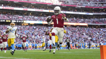 Nov 27, 2022; Glendale, AZ, USA; Arizona Cardinals quarterback Kyler Murray (1) runs for a touchdown against the Los Angeles Chargers during the second quarter at State Farm Stadium. Mandatory Credit: Michael Chow-USA TODAY Sports