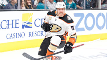 SAN JOSE, CA - OCTOBER 3: Anaheim Ducks left wing Max Comtois (53) celebrates his first-period goal during the San Jose Sharks game versus the Anaheim Ducks on October 3, 2018, at SAP Center at San Jose in San Jose, CA. (Photo by Matt Cohen/Icon Sportswire via Getty Images)