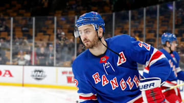 BOSTON, MA - MARCH 27: New York Rangers defenseman Kevin Shattenkirk (22) before a game between the Boston Bruins and the New York Rangers on March 27, 2019, at TD Garden in Boston, Massachusetts. (Photo by Fred Kfoury III/Icon Sportswire via Getty Images)