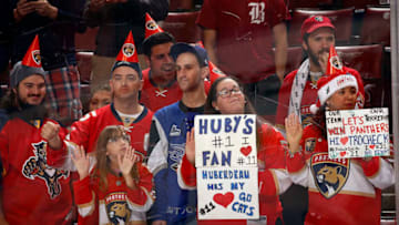 SUNRISE, FL - DECEMBER 22: Florida Panthers fans have messages for their team and funny hats during warm ups prior to the start of the game against the Minnesota Wild at the BB&T Center on December 22, 2017 in Sunrise, Florida. (Photo by Eliot J. Schechter/NHLI via Getty Images)