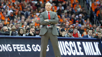 SYRACUSE, NY - FEBRUARY 20: Head coach Chris Mack of the Louisville Cardinals looks on against the Syracuse Orange during the second half at the Carrier Dome on February 20, 2019 in Syracuse, New York. Syracuse defeated Louisville 69-49. (Photo by Rich Barnes/Getty Images)