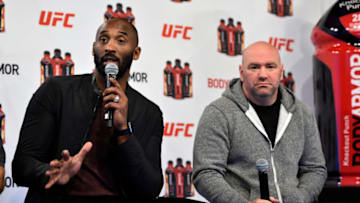 NEW YORK, NY - NOVEMBER 02: BodyArmor investor Kobe Bryant (L) and UFC President Dana White interact with media during the UFC BodyArmor partnership announcement inside Madison Square Garden on November 2, 2017 in New York City. (Photo by Jeff Bottari/Zuffa LLC/Zuffa LLC via Getty Images)