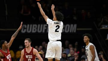 Jan 10, 2019; Boulder, CO, USA; Colorado Buffaloes guard Daylen Kountz (2) attempts a three point basket in the second half of the game against the Washington State Cougars at the Coors Events Center. Mandatory Credit: Ron Chenoy-USA TODAY Sports