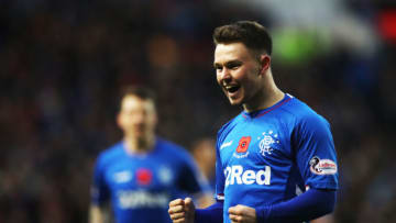 GLASGOW, SCOTLAND - NOVEMBER 11: Glenn Middleton of Rangers celebrates scoring his team's fourth goal during the Ladbrokes Scottish Premiership match between Rangers and Motherwell at Ibrox Stadium on November 11, 2018 in Glasgow, Scotland. (Photo by Ian MacNicol/Getty Images)