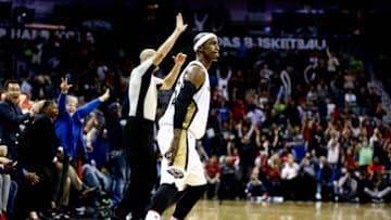 Mar 7, 2016; New Orleans, LA, USA; New Orleans Pelicans forward Dante Cunningham (44) reacts after hitting a three point basket against the Sacramento Kings during the fourth quarter of a game at the Smoothie King Center. The Pelicans defeated the Kings 115-112. Mandatory Credit: Derick E. Hingle-USA TODAY Sports