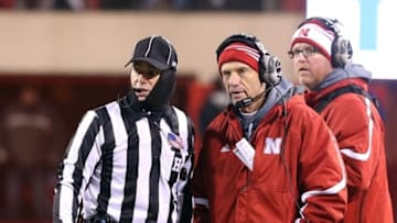 Nov 27, 2015; Lincoln, NE, USA; Nebraska Cornhuskers head coach Mike Riley talks to officials during their game against the Iowa Hawkeyes at Memorial Stadium. Iowa beat Nebraska 28-20. Mandatory Credit: Reese Strickland-USA TODAY Sports