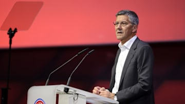 Bayern Munich president Herbert Hainer pleased with the fighting spirit in the squad. (Photo by Stefan Matzke - sampics/Corbis via Getty Images)