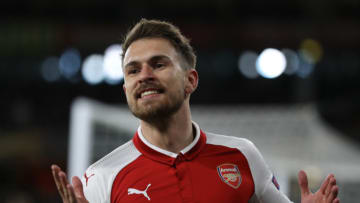 LONDON, ENGLAND - APRIL 05: Aaron Ramsey of Arsenal reacts after a missed chance during the UEFA Europa League quarter final leg one match between Arsenal FC and CSKA Moskva at Emirates Stadium on April 5, 2018 in London, United Kingdom. (Photo by Dan Istitene/Getty Images,)