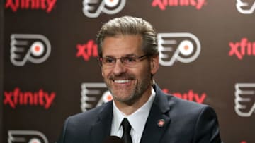 PHILADELPHIA, PA - FEBRUARY 29: General Manager Ron Hextall of the Philadelphia Flyers speaks to the media in regards to the NHL trade deadline that had recently passed prior to a game against the Calgary Flames on February 29, 2016 at the Wells Fargo Center in Philadelphia, Pennsylvania. (Photo by Len Redkoles/NHLI via Getty Images)