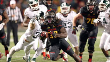 Oct 22, 2016; College Park, MD, USA; Maryland Terrapins running back Kenneth Goins (30) runs the ball in the fourth quarter against the Michigan State Spartans at Byrd Stadium. Mandatory Credit: Mitch Stringer-USA TODAY Sports